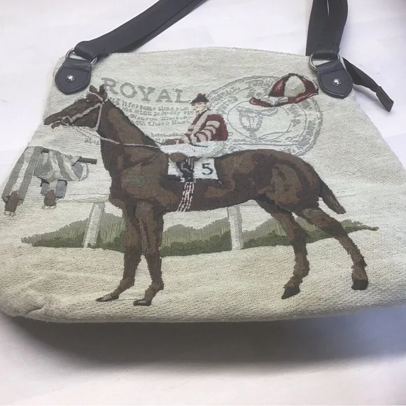 Equestrian Tapestry Neutral Tote Handbag Unique zip top - Picture 4 of 10